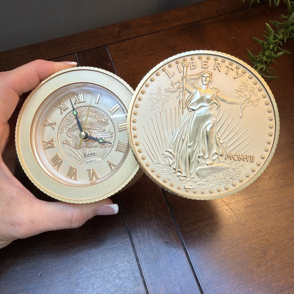 Vintage Bulova Mechanical Wind Alarm Clock Stacked Liberty Coins made in japan